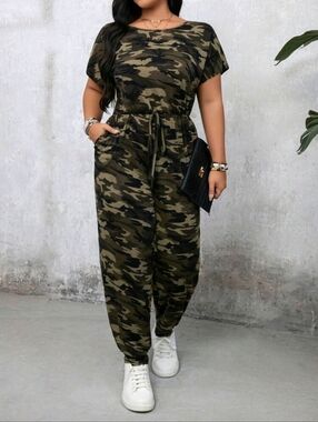 Camo Drawstring Jumpsuit With Pockets - Green Sizes 14 16 & 18